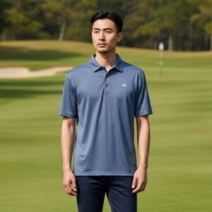 Travis Mathew Golf Polo Shirt Denim Blue Activewear EUC